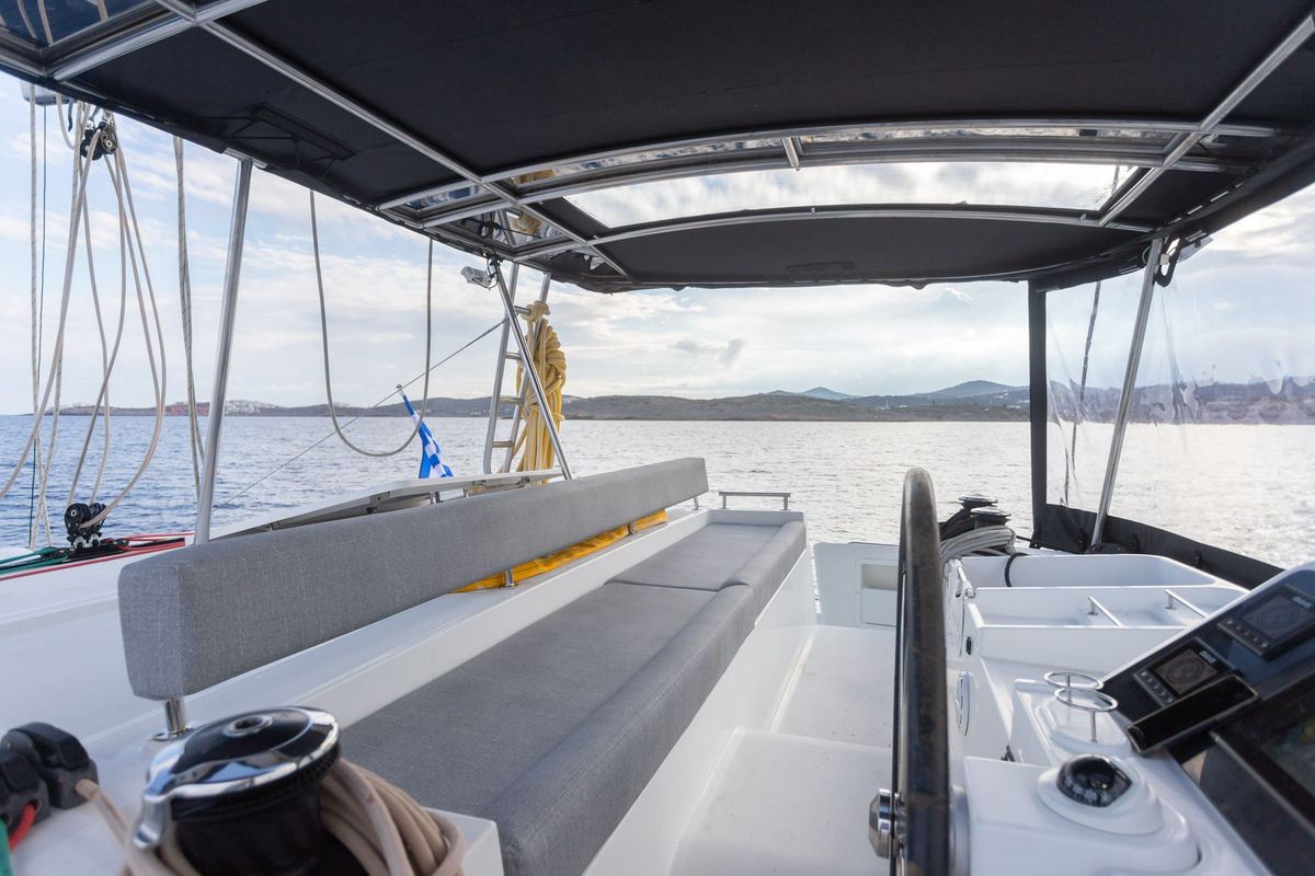 Cockpit of MADICON, a Lagoon 450 Fly catamaran at Thira Municipal Unit, Greece