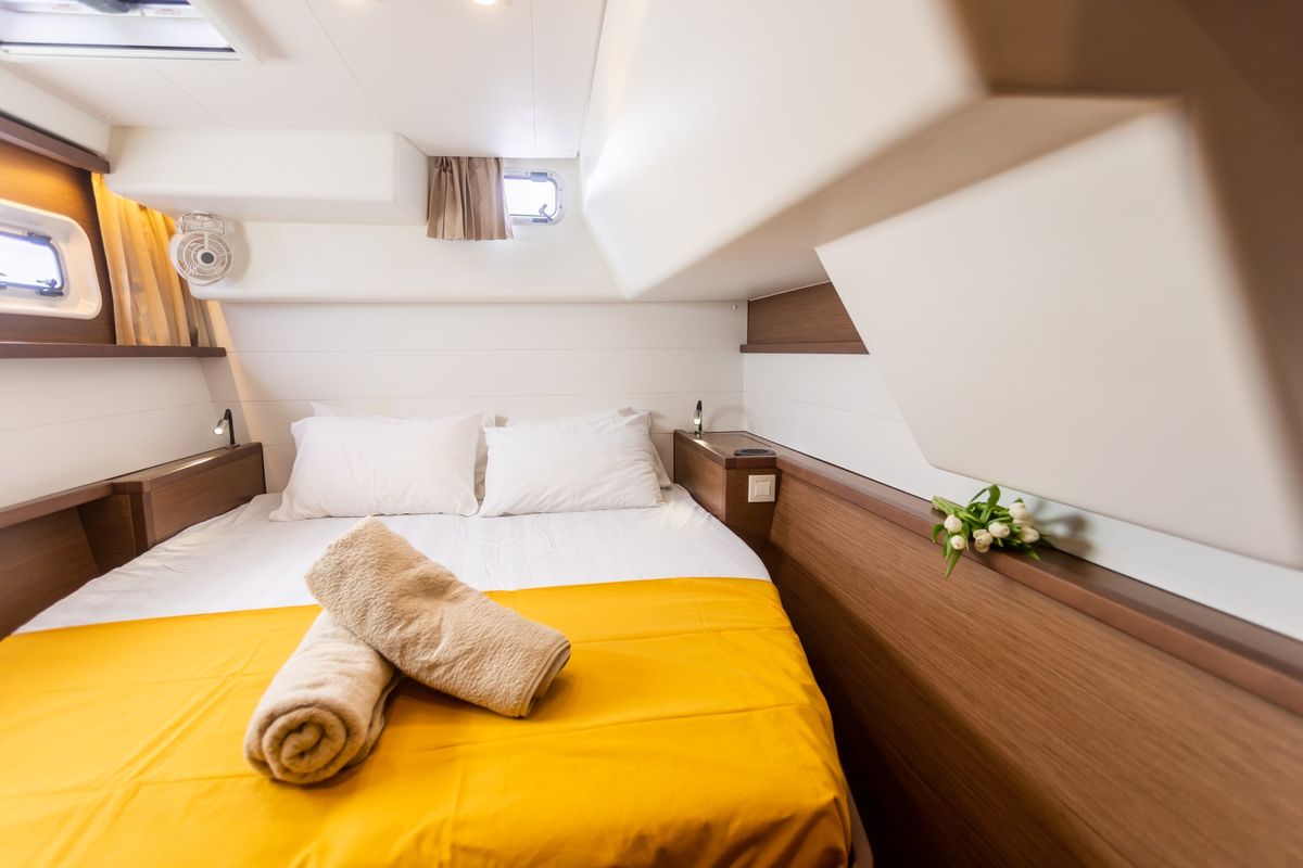 Cabin on MADICON, a Lagoon 450 Fly catamaran at Thira Municipal Unit, Greece