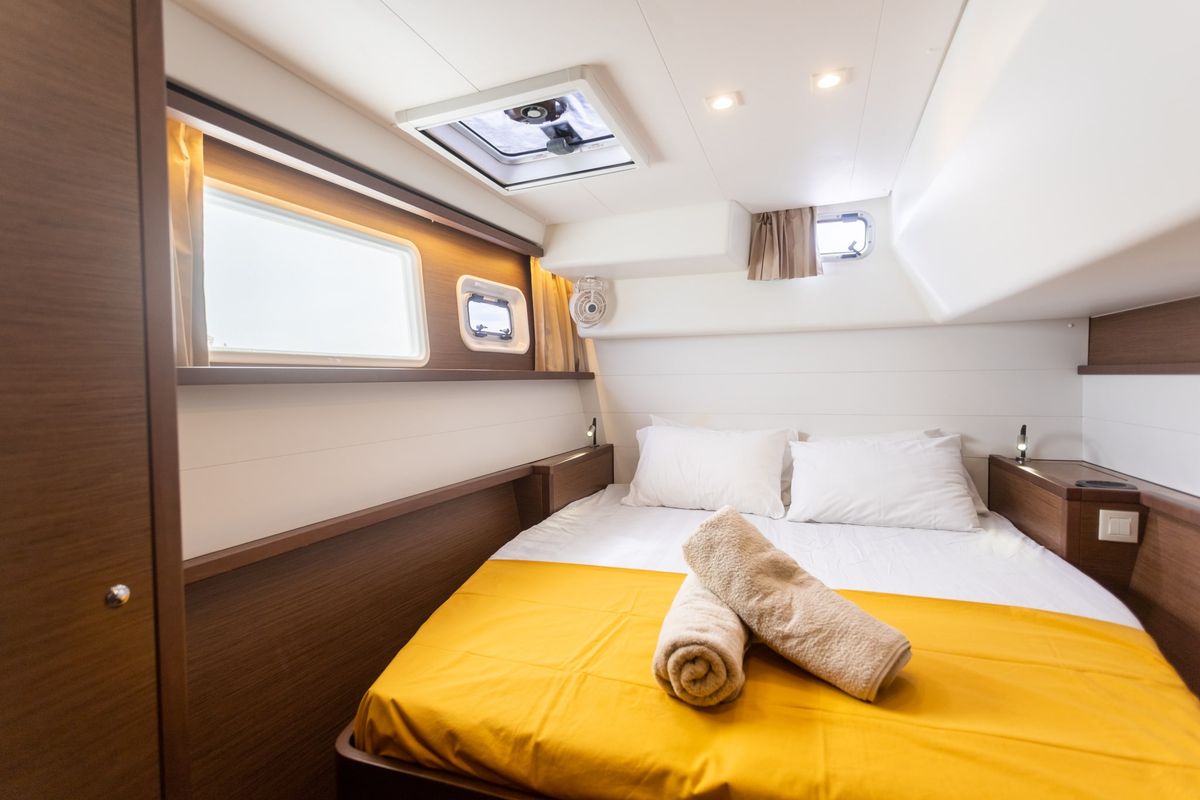 Cabin on MADICON, a Lagoon 450 Fly catamaran at Thira Municipal Unit, Greece