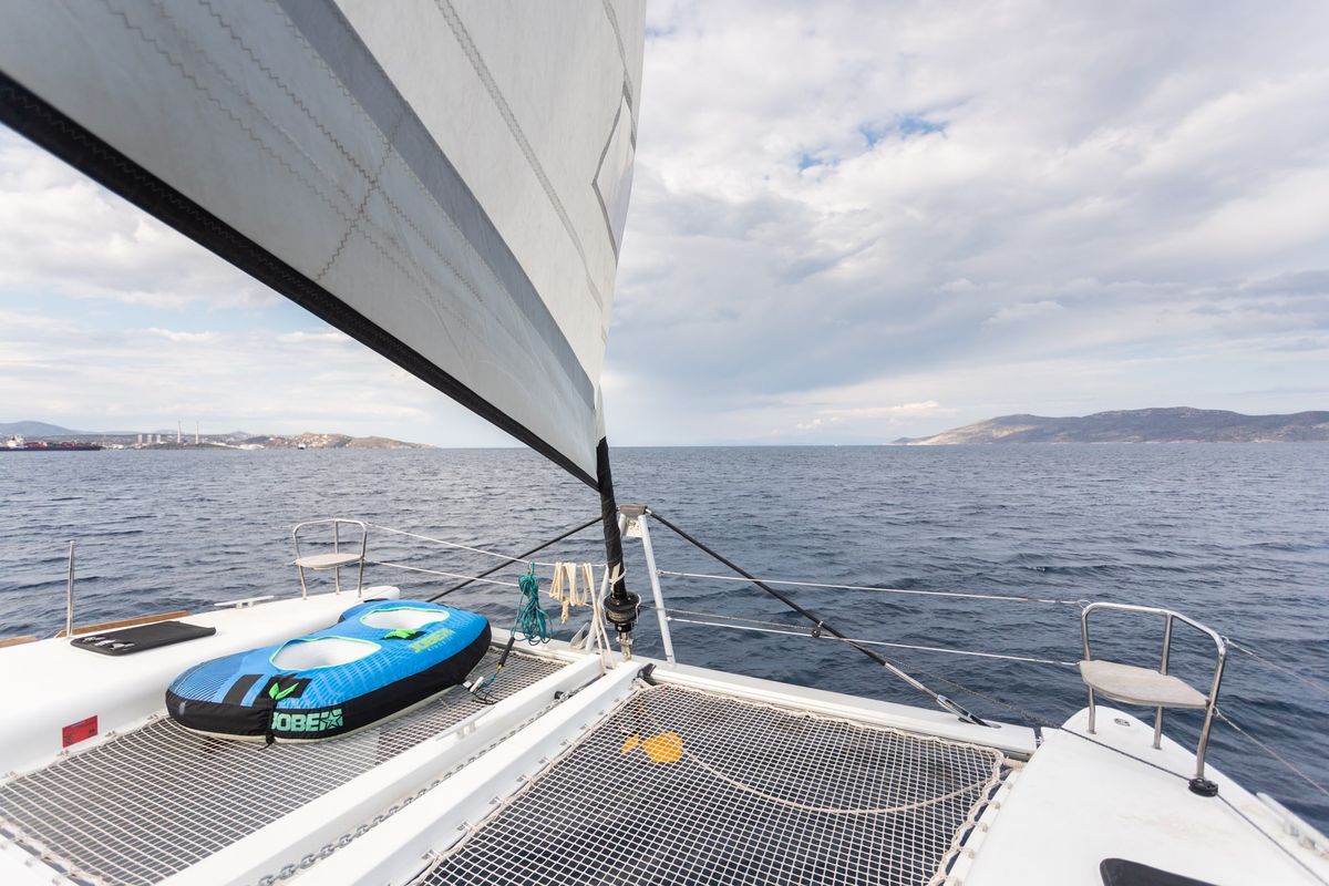 Deck of MADICON, a Lagoon 450 Fly catamaran at Thira Municipal Unit, Greece
