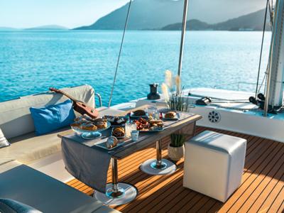Deck of Olea, a Bali 4.8 catamaran at Municipal Unit of Lefkada, Greece