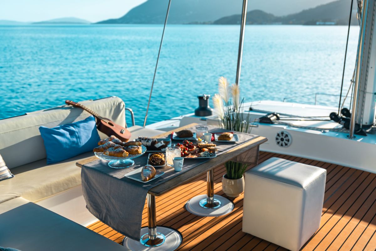 Deck of Olea, a Bali 4.8 catamaran at Municipal Unit of Lefkada, Greece