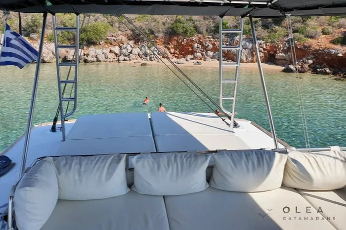Deck of Olea, a Bali 4.8 catamaran at Municipal Unit of Lefkada, Greece