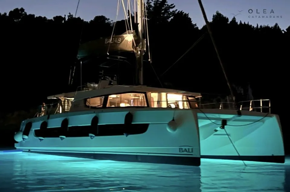 Exterior view of Olea, a Bali 4.8 catamaran at Municipal Unit of Lefkada, Greece