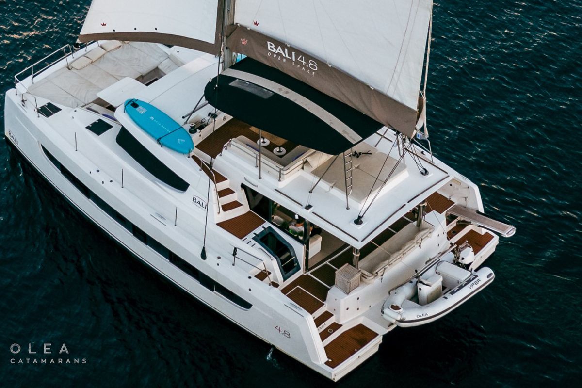 Exterior view of Olea, a Bali 4.8 catamaran at Municipal Unit of Lefkada, Greece