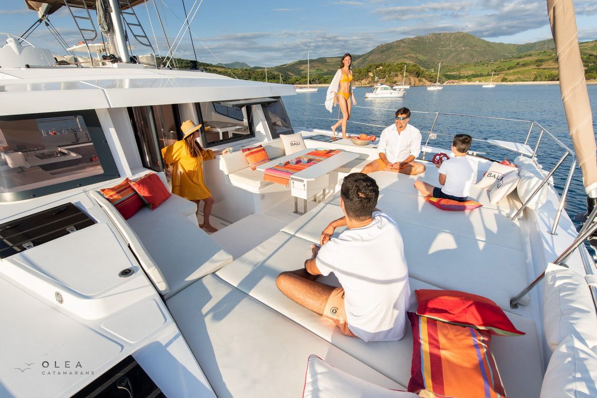 Deck of Olea, a Bali 4.8 catamaran at Municipal Unit of Lefkada, Greece