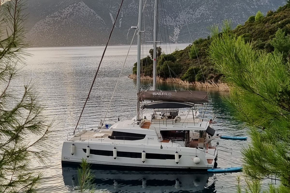 Exterior view of Olea, a Bali 4.8 catamaran at Municipal Unit of Lefkada, Greece