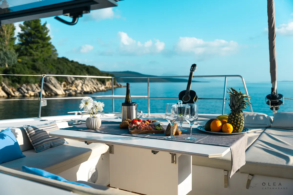 Deck of Olea, a Bali 4.8 catamaran at Municipal Unit of Lefkada, Greece