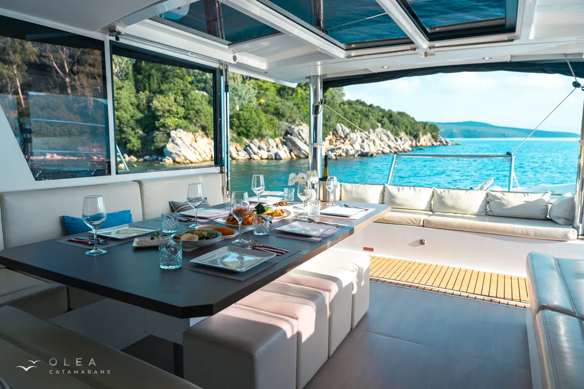 Salon of Olea, a Bali 4.8 catamaran at Municipal Unit of Lefkada, Greece