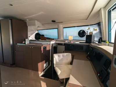 Cockpit of Olea, a Bali 4.8 catamaran at Municipal Unit of Lefkada, Greece