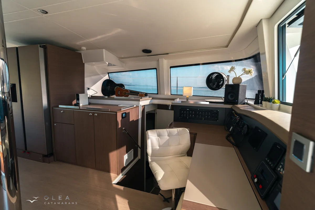 Cockpit of Olea, a Bali 4.8 catamaran at Municipal Unit of Lefkada, Greece