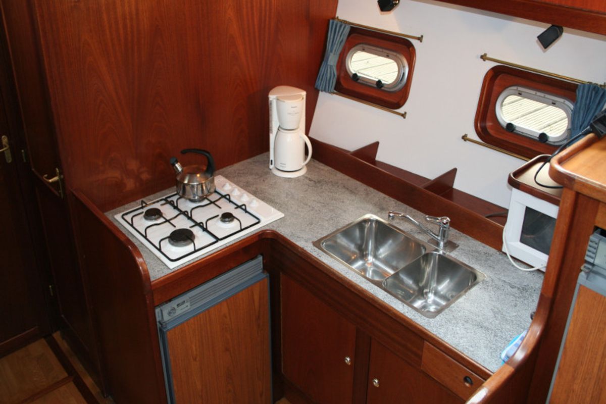 Galley of Surrender, a De Drait Tyvano 1340 motorboat at Drachten, Netherlands