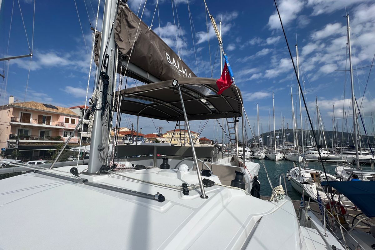 Cockpit of Bali 4.4, a Bali 4.4 catamaran at Municipal Unit of Lefkada, Greece