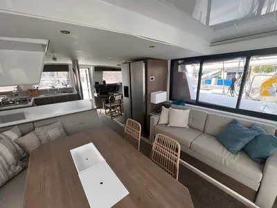 Deck of Bali 4.4, a Bali 4.4 catamaran at Municipal Unit of Lefkada, Greece