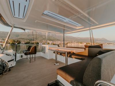 Cockpit of Tri Wing, a Lagoon 55 catamaran at Grad Kaštela, Croatia