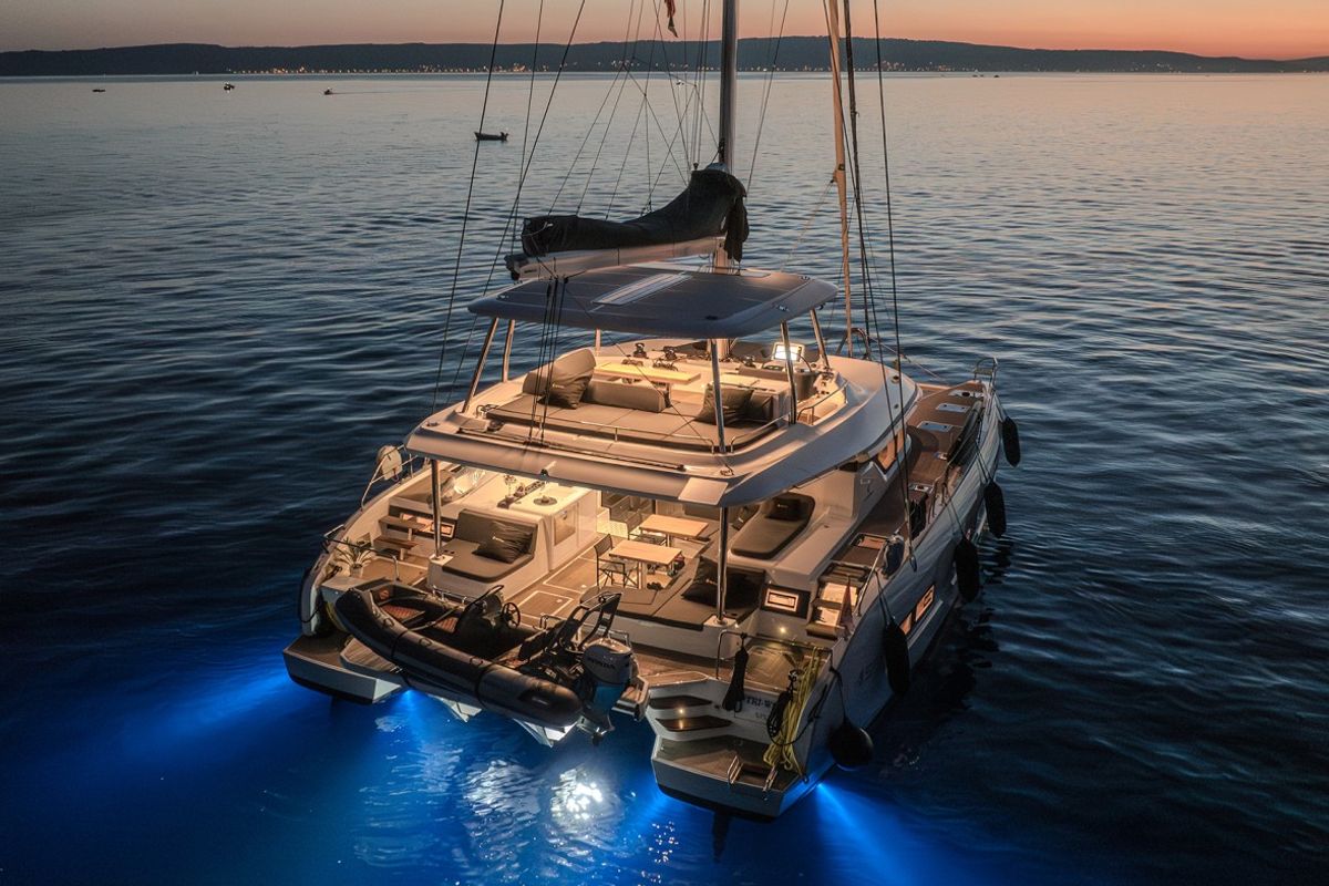 Exterior view of Tri Wing, a Lagoon 55 catamaran at Grad Kaštela, Croatia