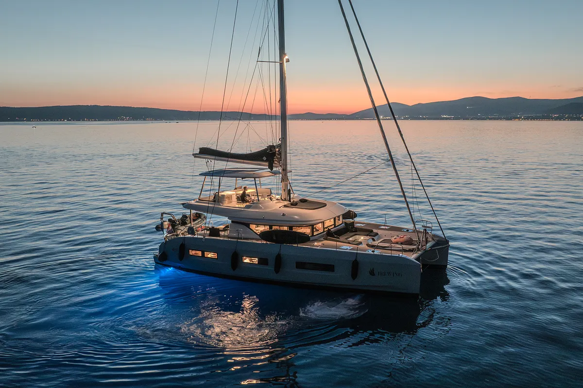 Exterior view of Tri Wing, a Lagoon 55 catamaran at Grad Kaštela, Croatia