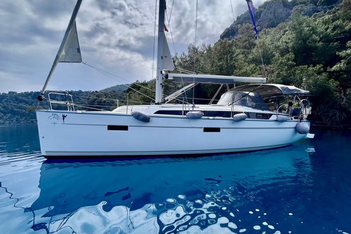Exterior view of Enjoy the Silence, a Bavaria Cruiser 37 sailboat at Fethiye, Turkey