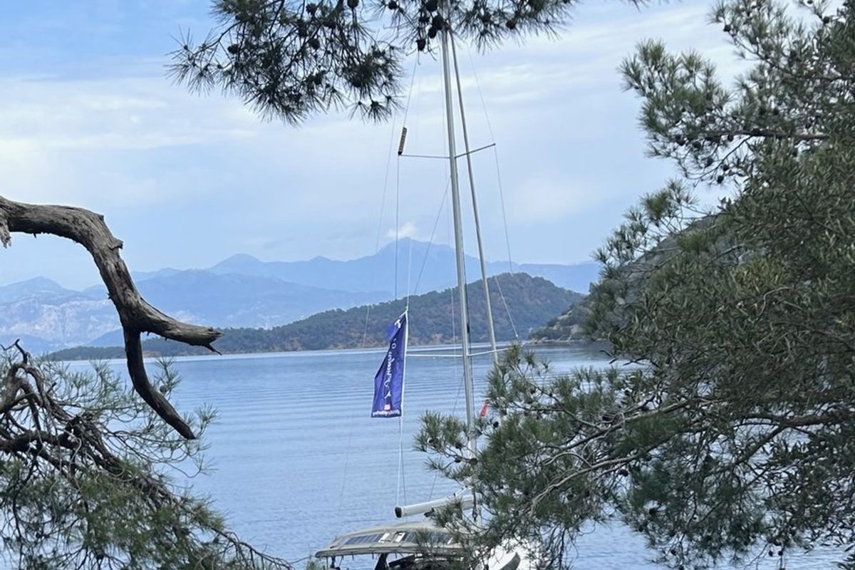 Exterior view of Enjoy the Silence, a Bavaria Cruiser 37 sailboat at Fethiye, Turkey