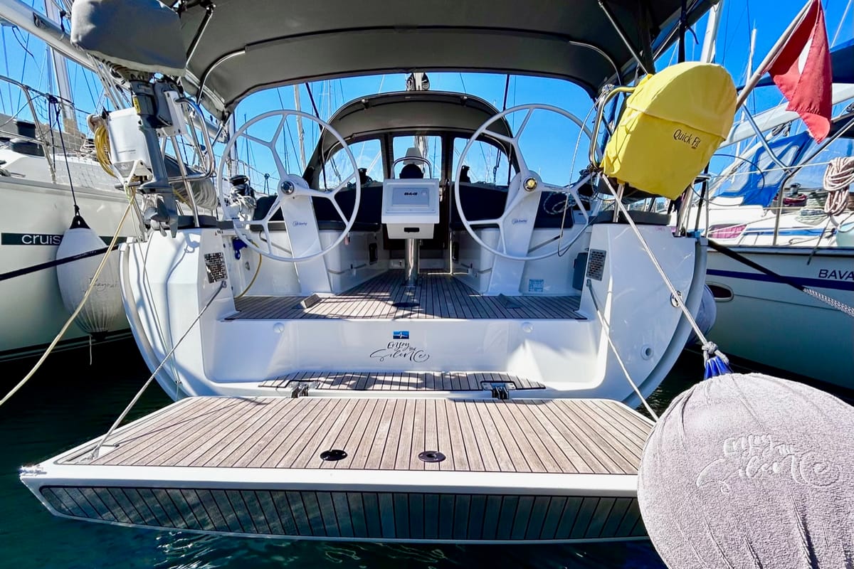 Exterior view of Enjoy the Silence, a Bavaria Cruiser 37 sailboat at Fethiye, Turkey