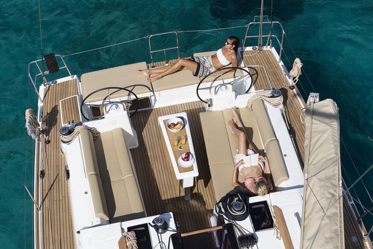 Deck of Genny, a Dufour 460 Grand Large sailboat at Olbia, Italy