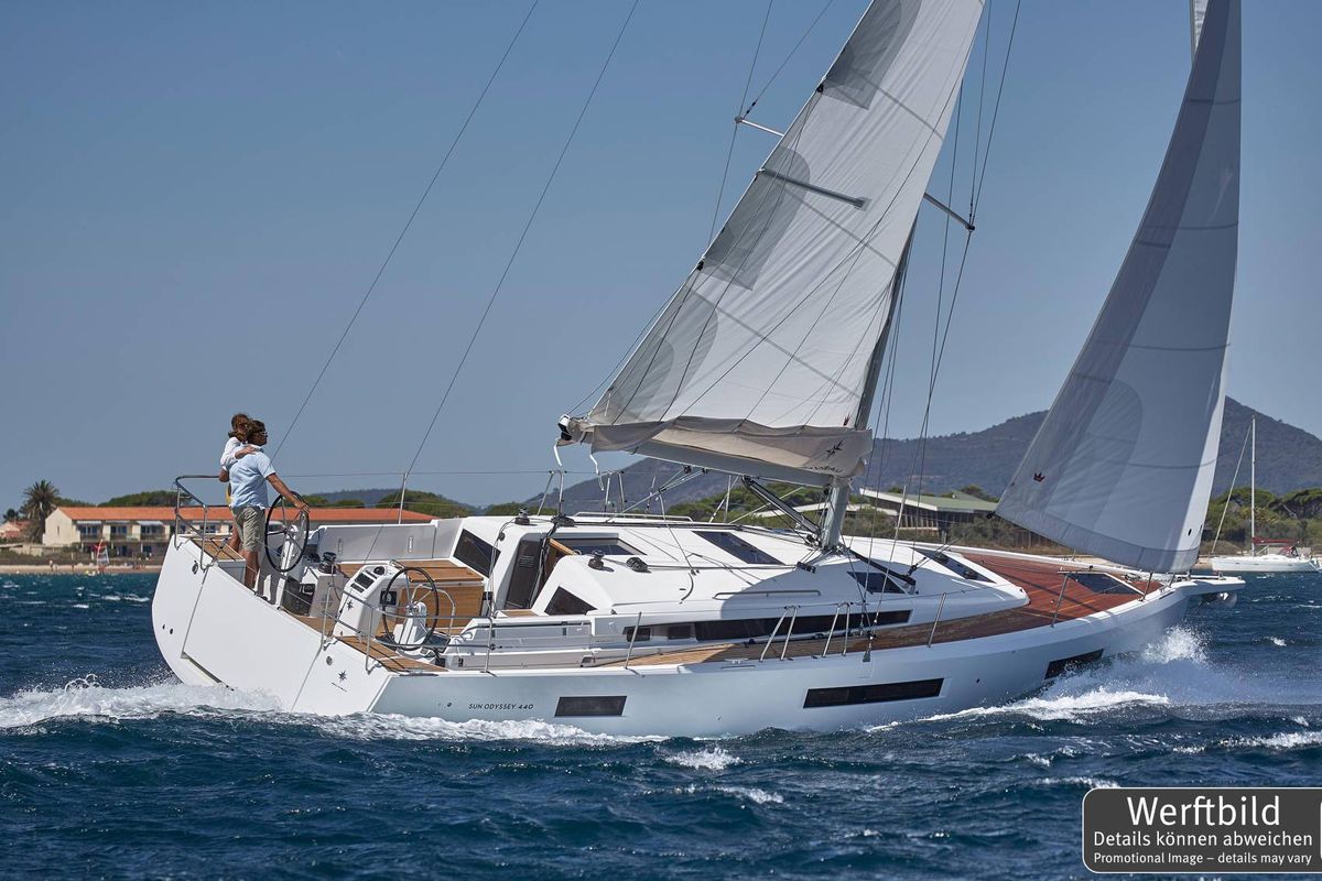 Exterior view of Kiwi, a Jeanneau Sun Odyssey 440 sailboat at Grad Biograd na Moru, Croatia