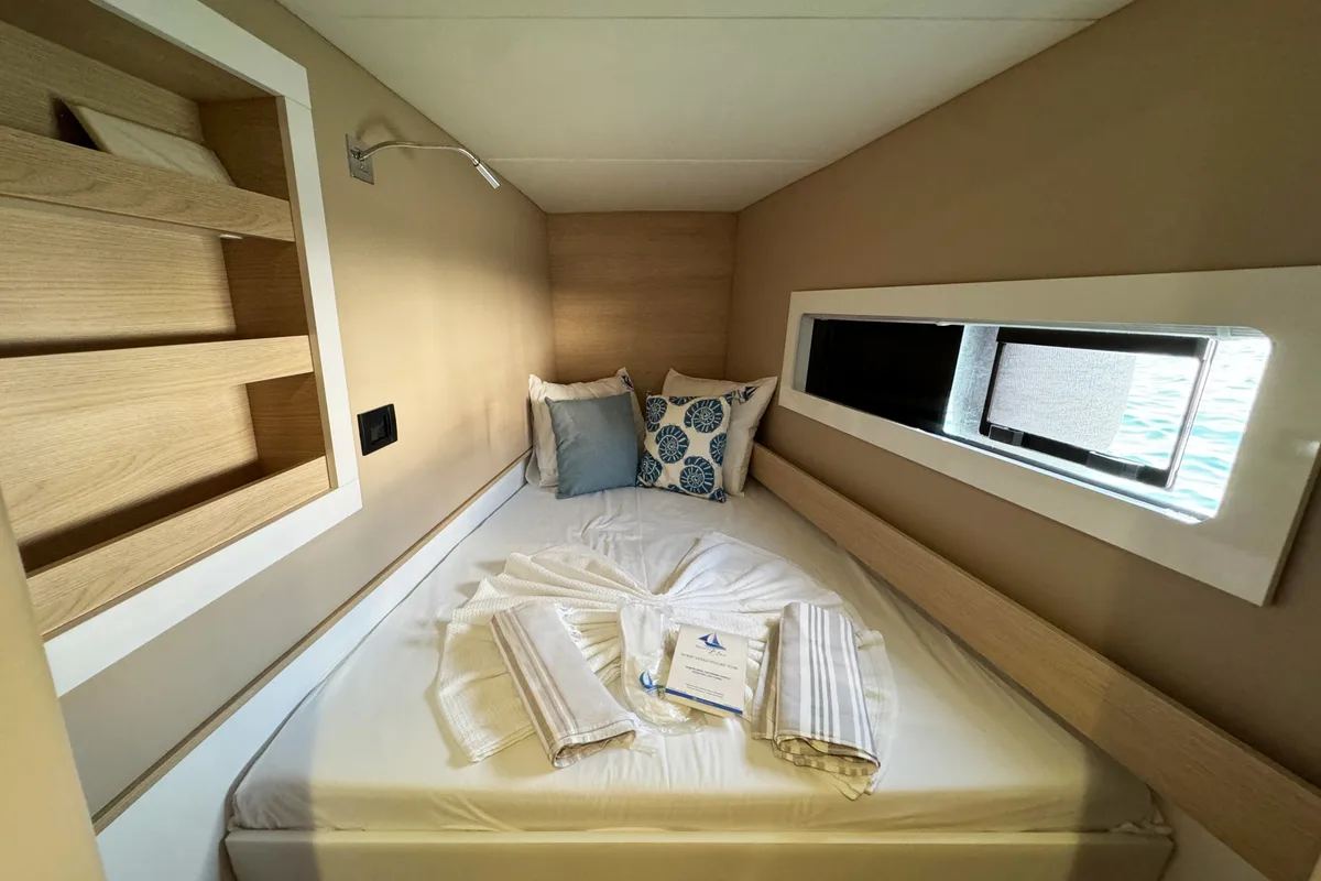 Cabin on ProntoSail, a Aventura Catamarans Aventura 37 catamaran at Fethiye, Turkey