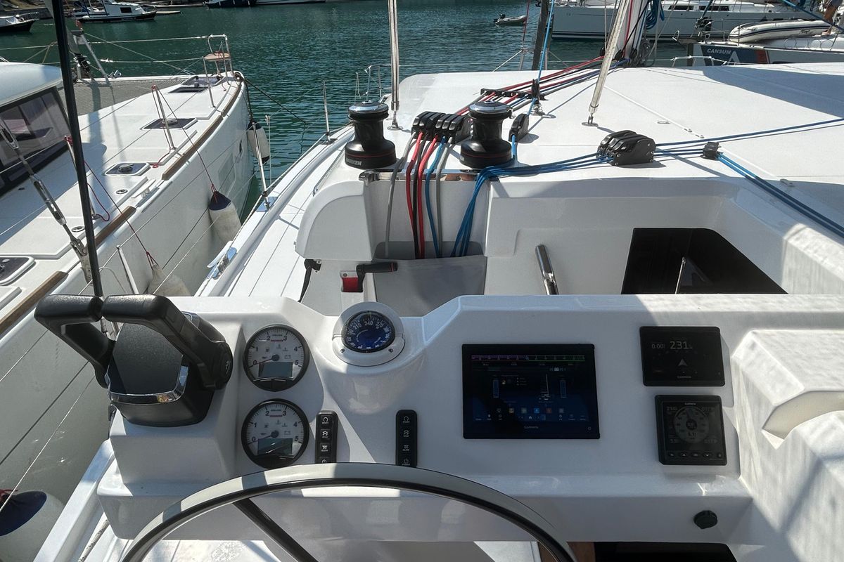 Cockpit of ProntoSail, a Aventura Catamarans Aventura 37 catamaran at Fethiye, Turkey
