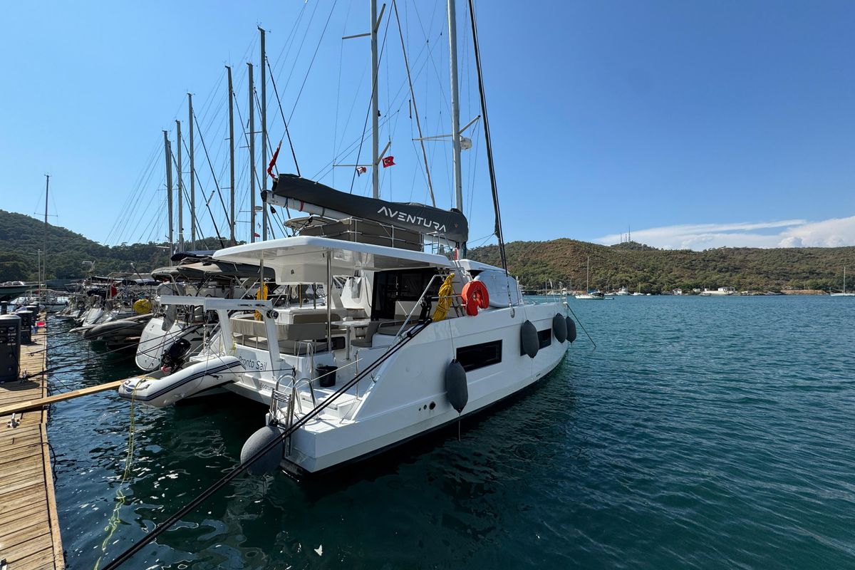 Exterior view of ProntoSail, a Aventura Catamarans Aventura 37 catamaran at Fethiye, Turkey