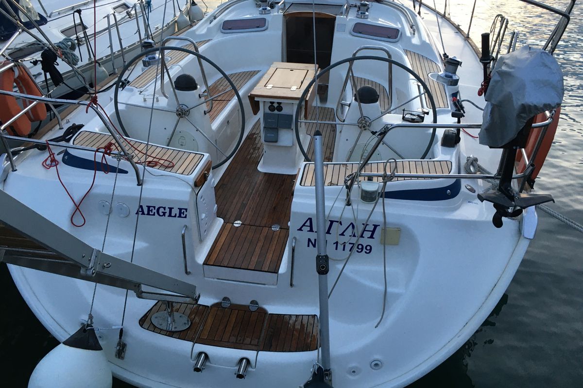 Cockpit of Aegle, a Bavaria 46 Cruiser sailboat at Volos Municipality, Greece