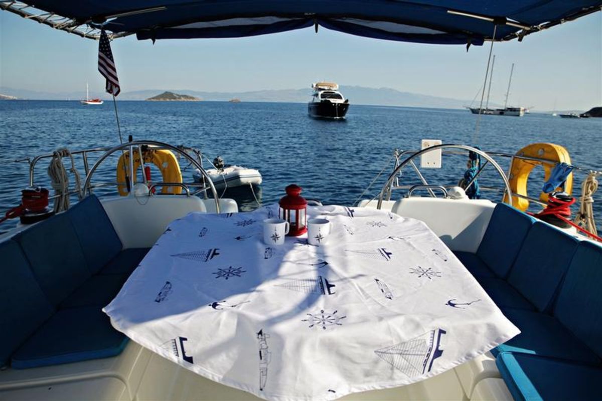 Deck of Kalypso, a Beneteau Cyclades 43.4 sailboat at Bodrum, Turkey