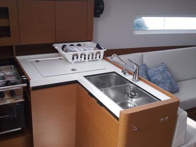 Galley of Fontalba, a Jeanneau Sun Odyssey 380 sailboat at Palamós, Spain