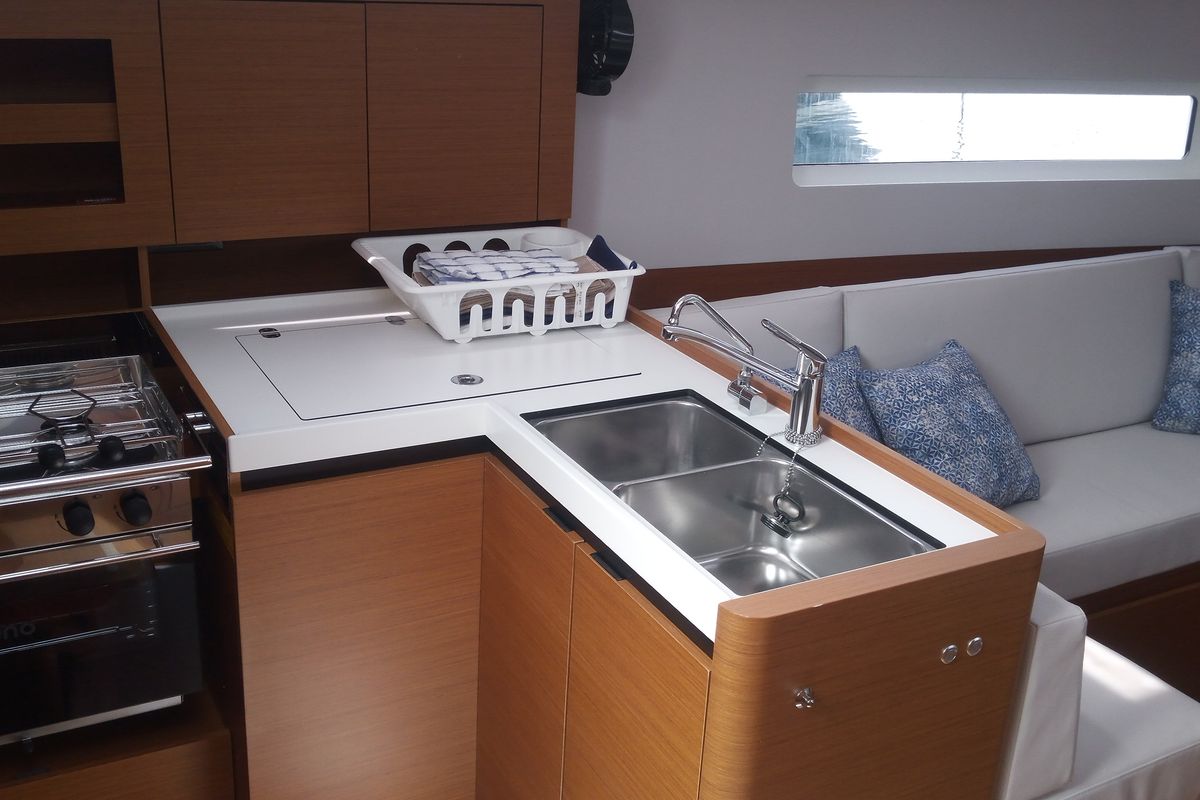 Galley of Fontalba, a Jeanneau Sun Odyssey 380 sailboat at Palamós, Spain