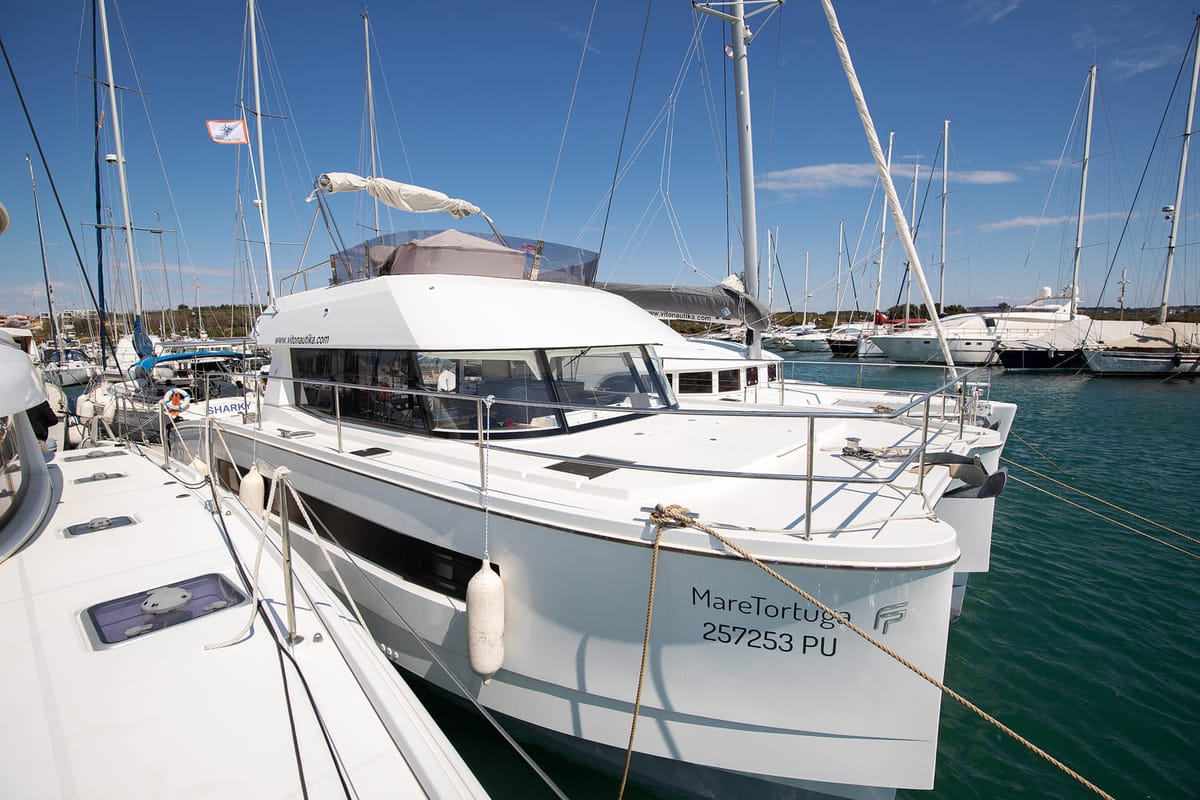 Exterior view of Mare Tortuga, a Fountaine Pajot MY 37 catamaran at Općina Medulin, Croatia
