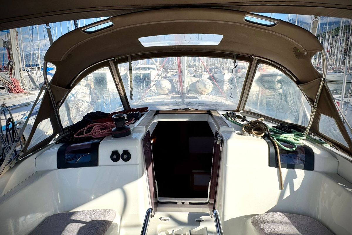 Cockpit of Foxy, a Jeanneau Sun Odyssey 419 sailboat at Fethiye, Turkey