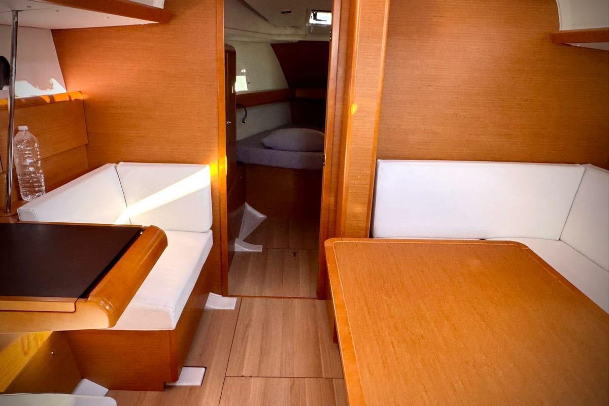 Salon of Foxy, a Jeanneau Sun Odyssey 419 sailboat at Fethiye, Turkey