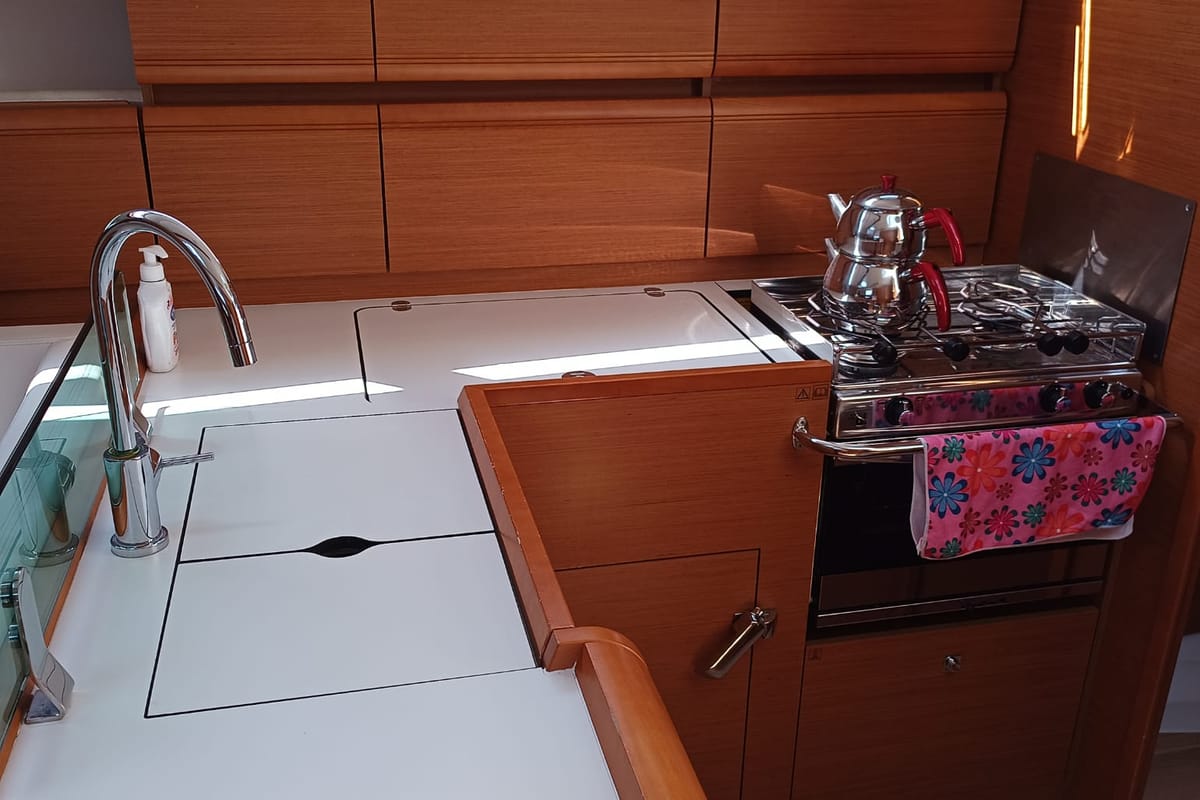 Salon of Foxy, a Jeanneau Sun Odyssey 419 sailboat at Fethiye, Turkey