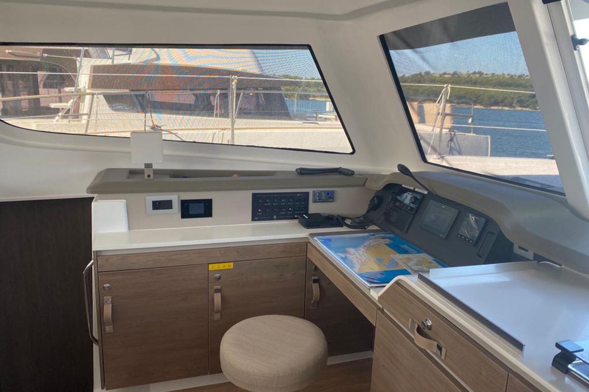 Cockpit of Free Flow, a Bali Catspace catamaran at Grad Šibenik, Croatia