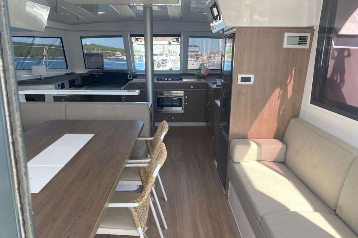 Salon of Free Flow, a Bali Catspace catamaran at Grad Šibenik, Croatia