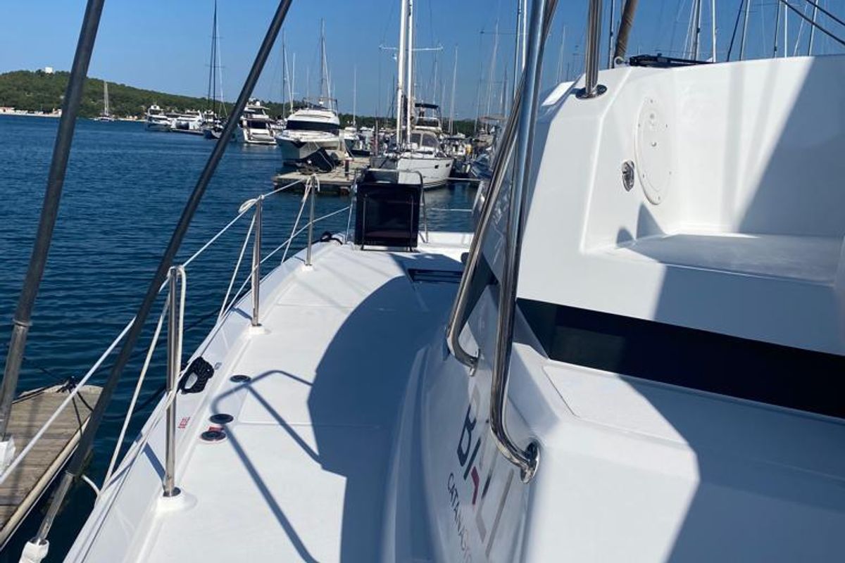 Deck of Free Flow, a Bali Catspace catamaran at Grad Šibenik, Croatia