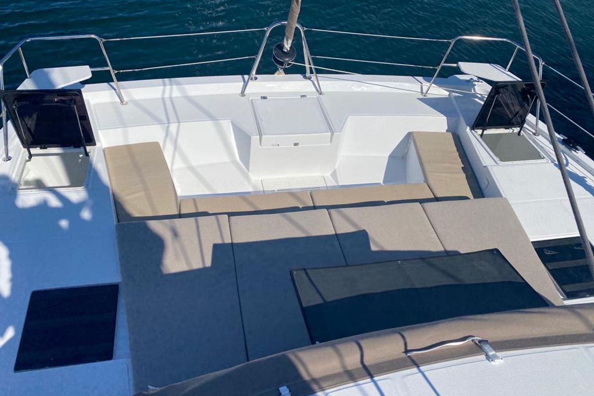 Deck of Free Flow, a Bali Catspace catamaran at Grad Šibenik, Croatia