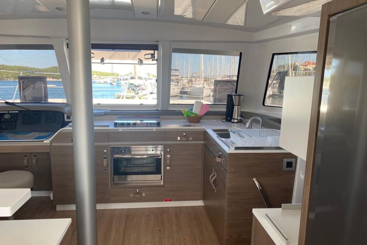 Galley of Free Flow, a Bali Catspace catamaran at Grad Šibenik, Croatia