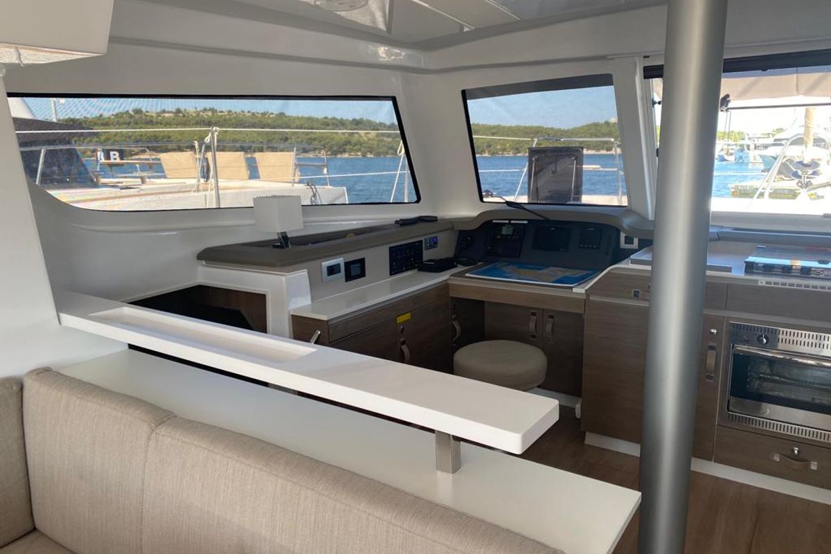 Cockpit of Free Flow, a Bali Catspace catamaran at Grad Šibenik, Croatia