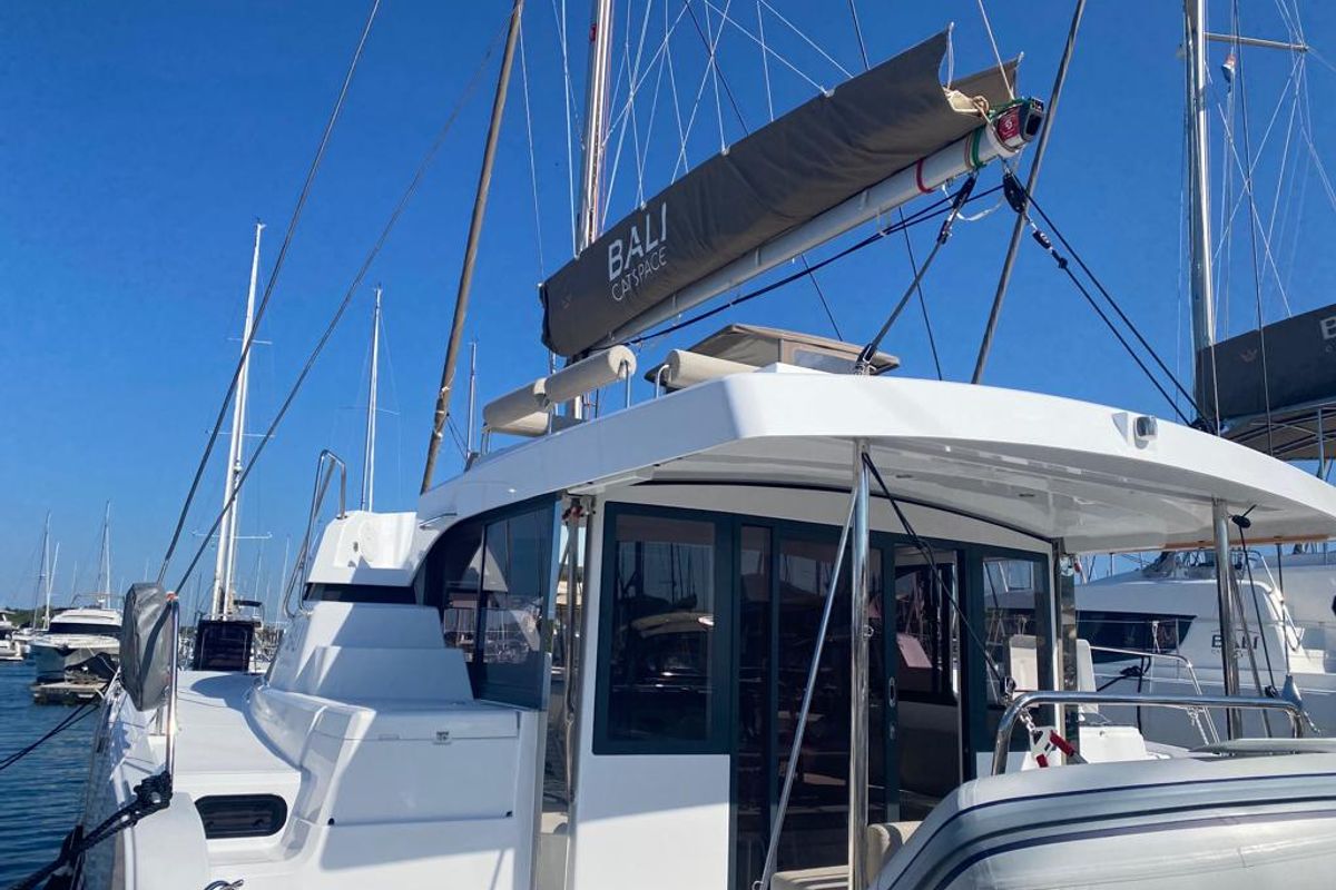 Exterior view of Free Flow, a Bali Catspace catamaran at Grad Šibenik, Croatia