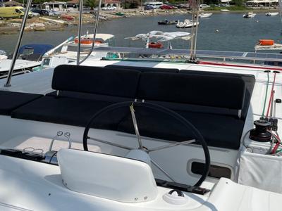 Cockpit of Espabila, a Lagoon 46 catamaran at Skiathos, Greece