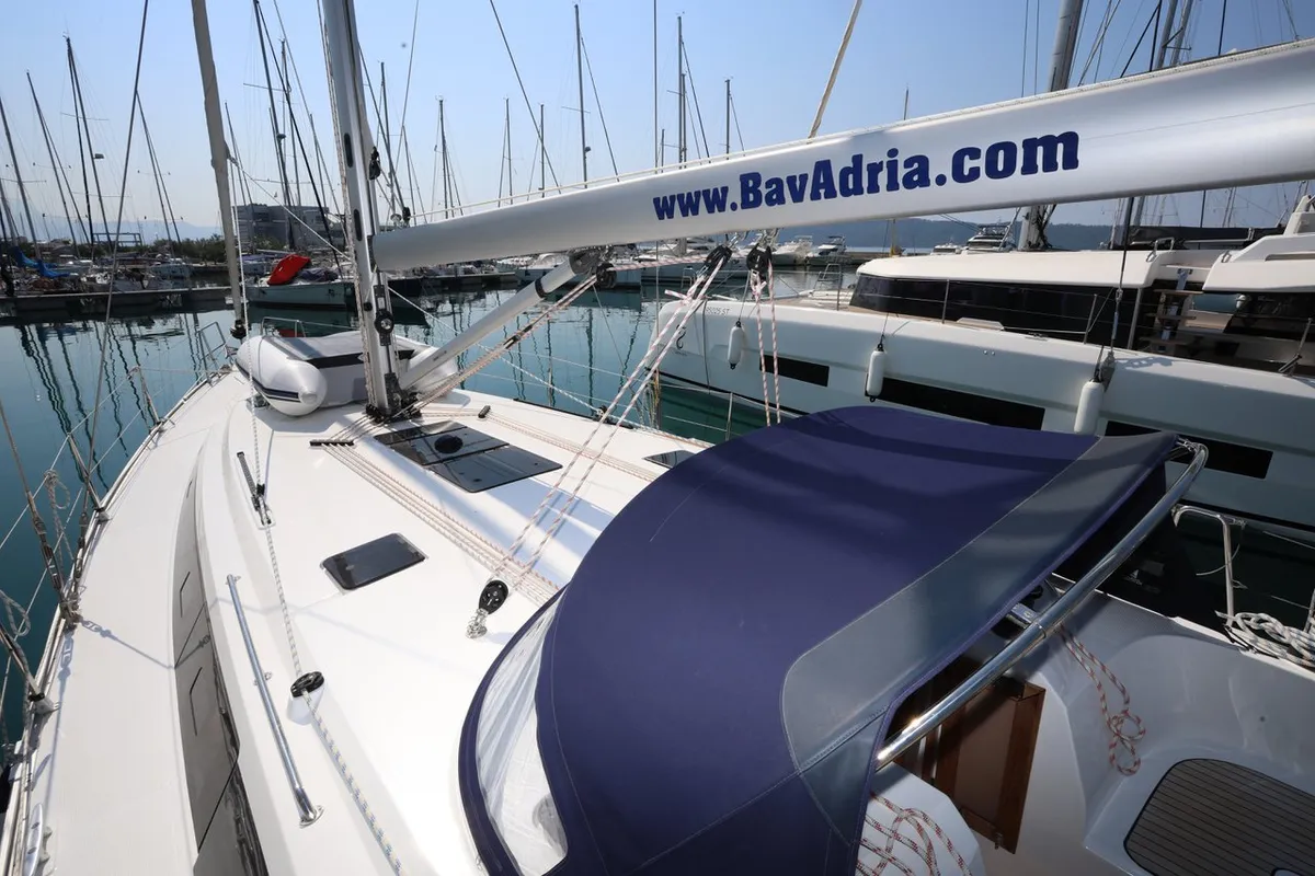Deck of Stiniva, a Bavaria Cruiser 46 sailboat at Grad Kaštela, Croatia