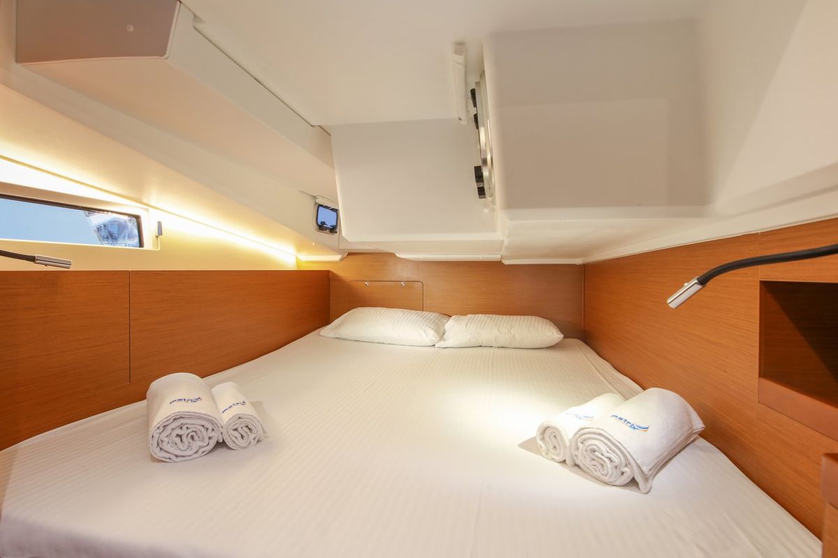 Cabin on Oracle, a Jeanneau Sun Odyssey 490 sailboat at Kaş, Turkey