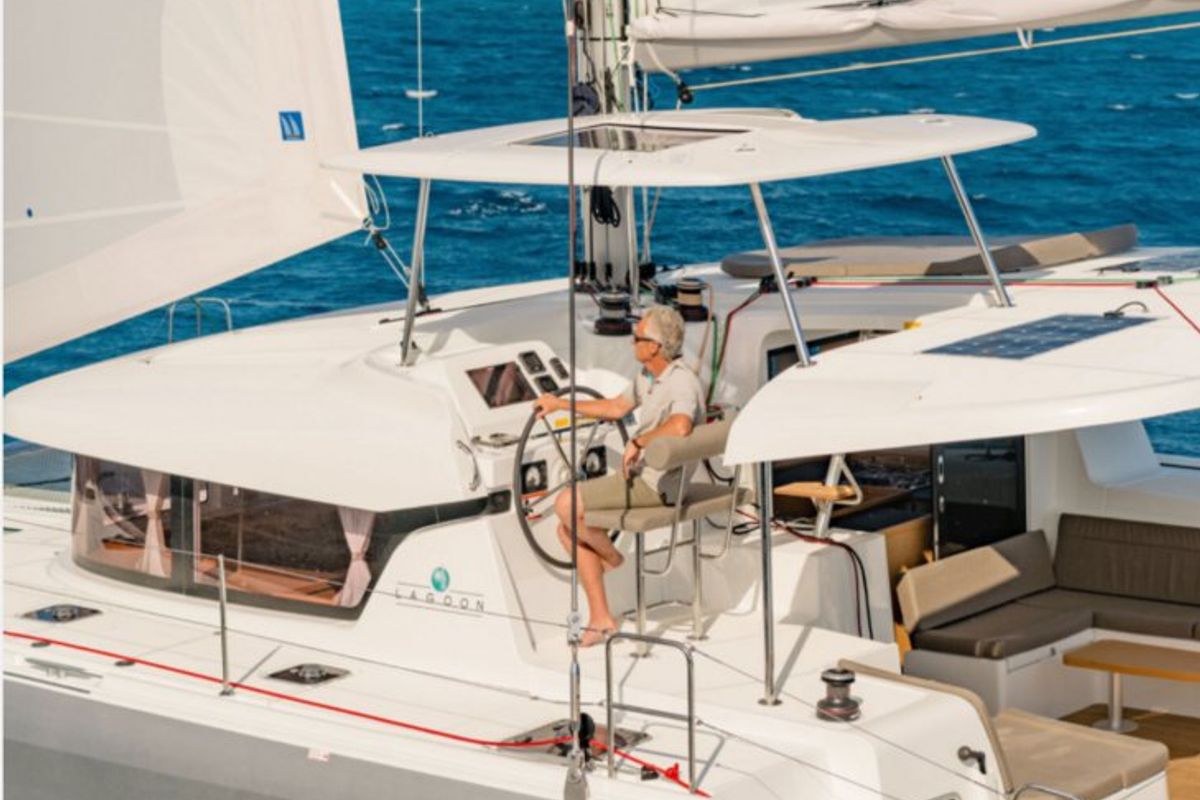 Cockpit of Queen Annezia, a Lagoon 42 catamaran at Municipal Unit of Lefkada, Greece