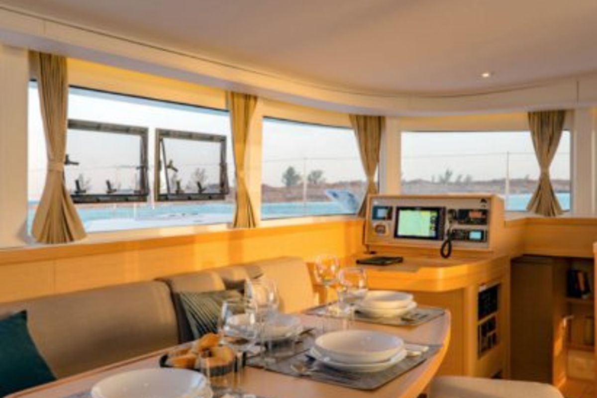 Salon of Queen Annezia, a Lagoon 42 catamaran at Municipal Unit of Lefkada, Greece