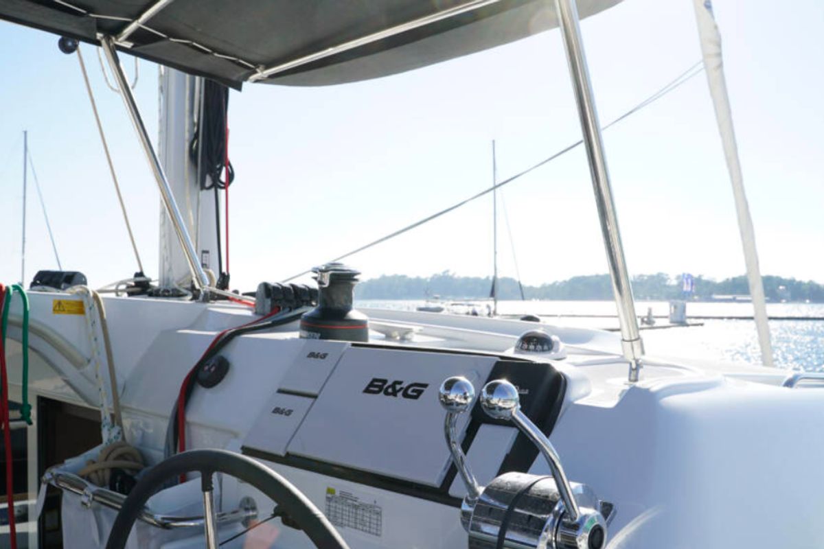 Cockpit of Chios, a Lagoon 40 catamaran at Municipal Unit of Lefkada, Greece